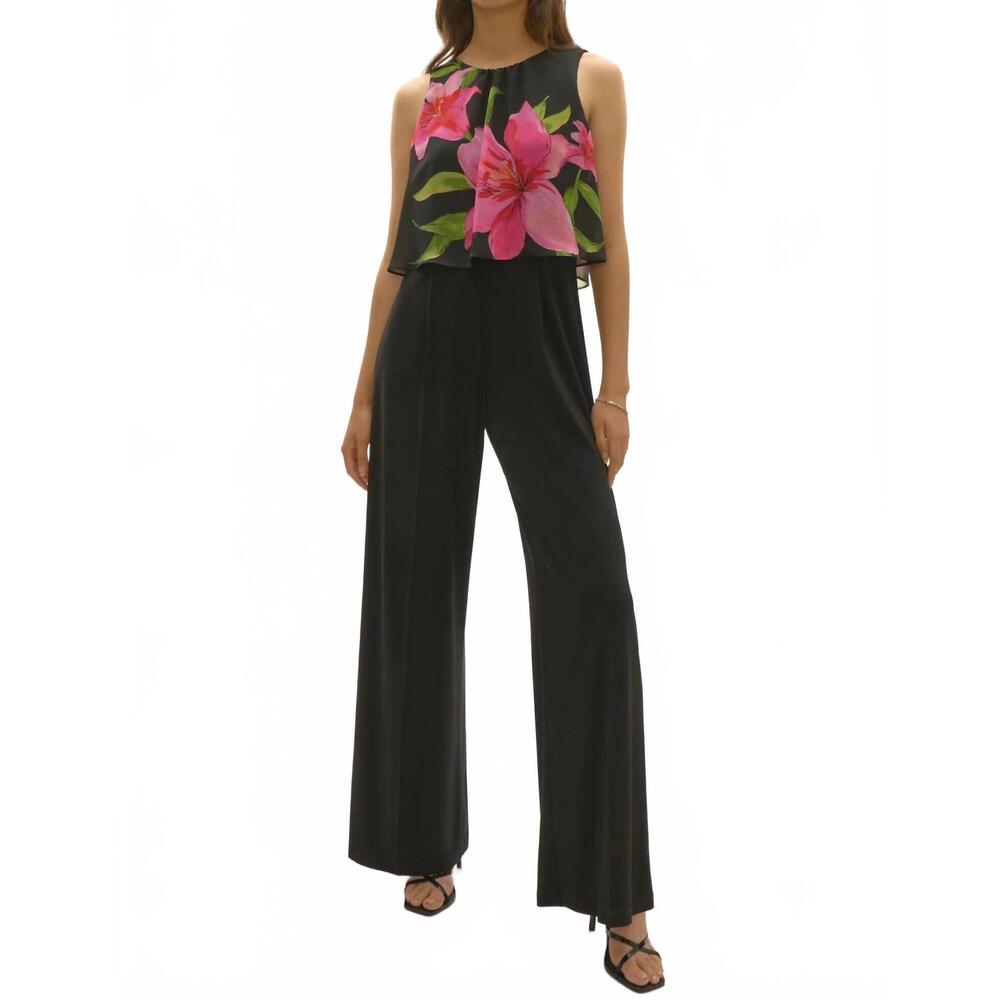 NEW JOSEPH RIBKOFF floral chiffon wide leg jumpsuit in black/multi - Picture 1 of 4